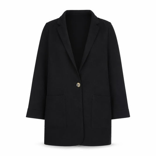 Front view of New Look women’s black herringbone jacket, size UK 6, button