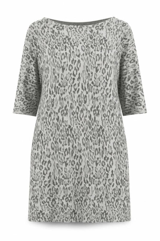 Front view of ASOS women’s beige animal print acrylic a-line, size UK 14, boat neck pullover - leopard pattern