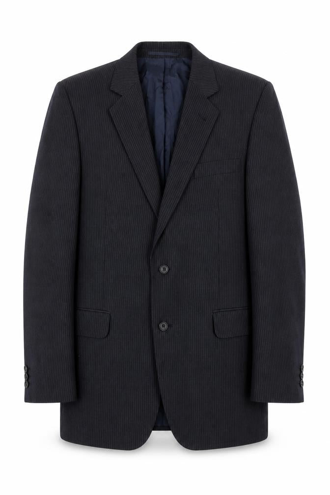 Front view of Debenhams men’s blue striped polyester jacket suit jacket, size 40, regular