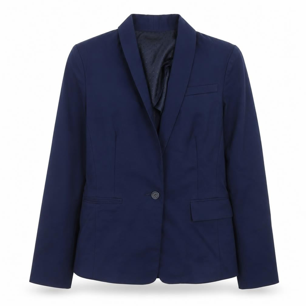 Front view of New Look women’s blue cotton jacket blazer, size UK 10
