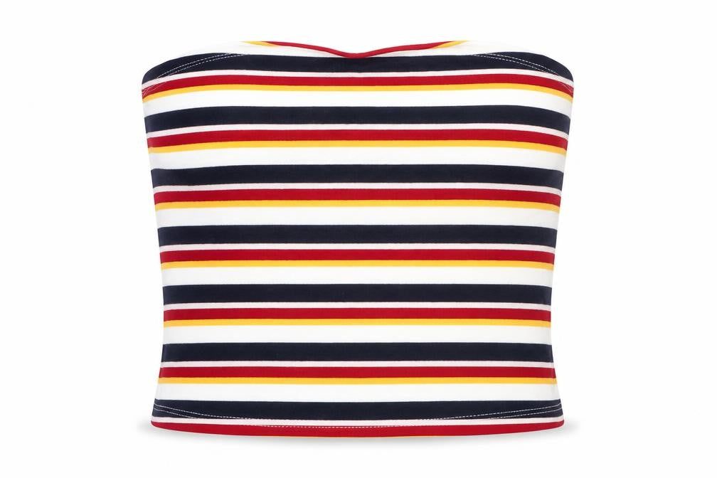 Front view of New Look women’s multicoloured striped cotton cropped tank, size UK 8, square neck
