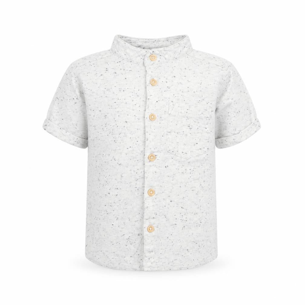 Front view of Next boys’ grey polyester basic button-up, size 2, years mock neck button