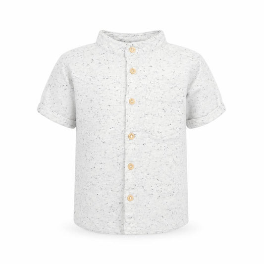 Front view of Next boys’ grey polyester basic button-up, size 2, years mock neck button