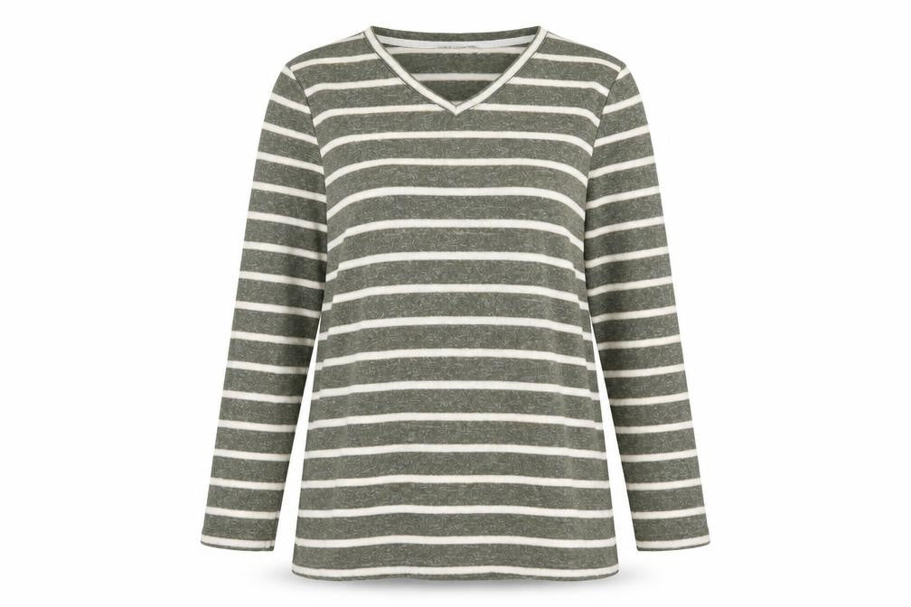 Front view of Bonmarché women’s green v-neck striped polyester jumper, size UK 12