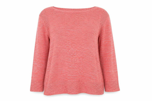 Front view of Marks & Spencer women’s pink round neck acrylic jumper, size UK 12