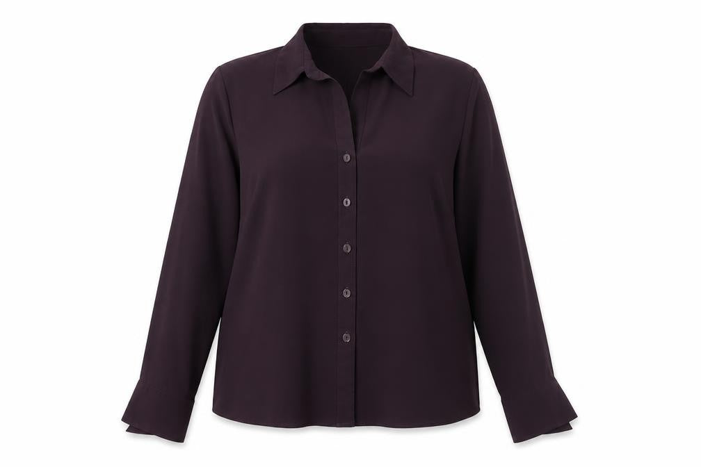 Front view of Berkertex women’s purple polyester basic button-up, size UK 16, collared