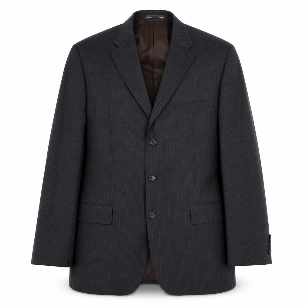 Front view of Greenwoods men’s grey striped polyester jacket suit jacket, size 44, regular