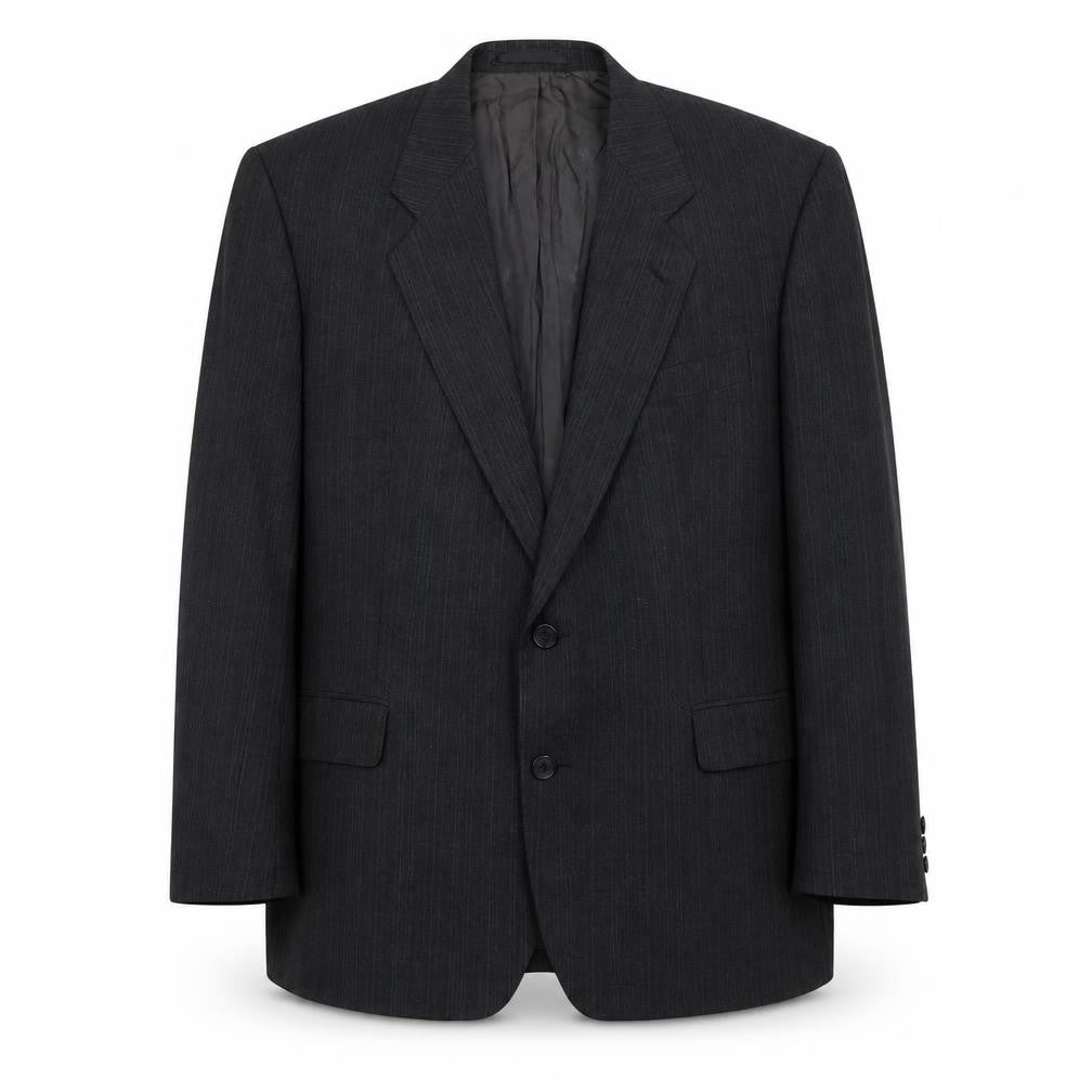 Front view of Marks & Spencer men’s grey striped polyester jacket suit jacket, size 44, regular