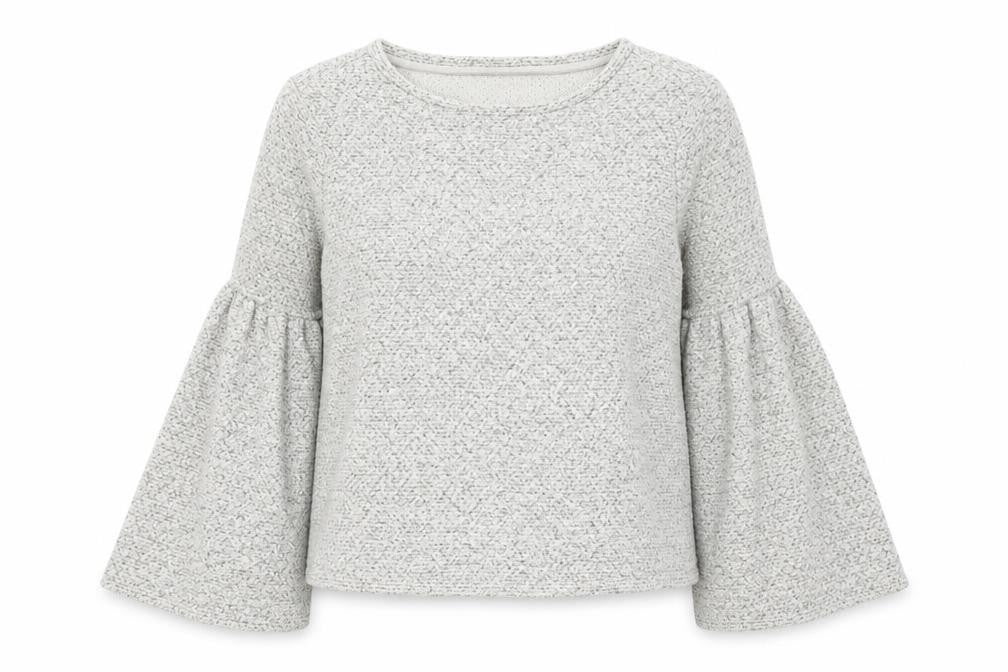 Front view of Marks & Spencer women’s grey round neck acrylic jumper, size UK 10