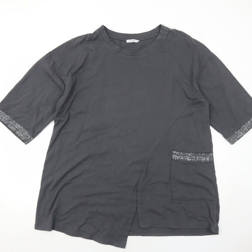 Diverse Womens Grey Cotton Basic T-Shirt Size L Round Neck - Sequin Trim