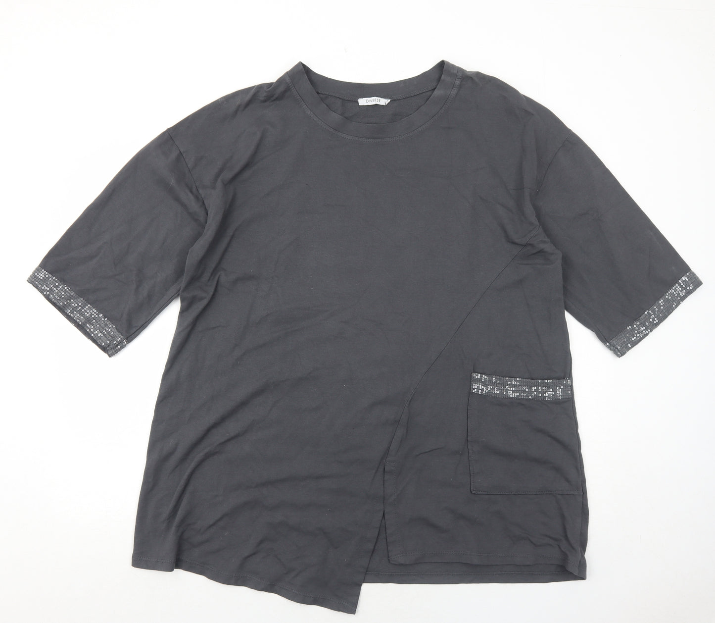 Diverse Womens Grey Cotton Basic T-Shirt Size L Round Neck - Sequin Trim