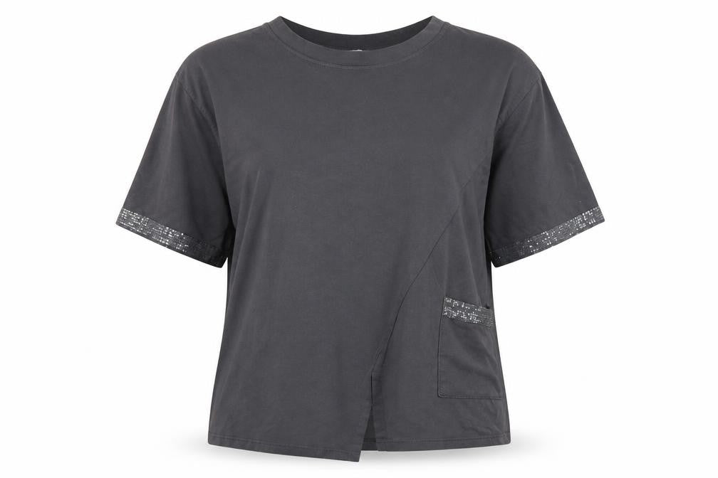 Front view of Diverse women’s grey cotton basic t-shirt, size L, round neck - sequin trim