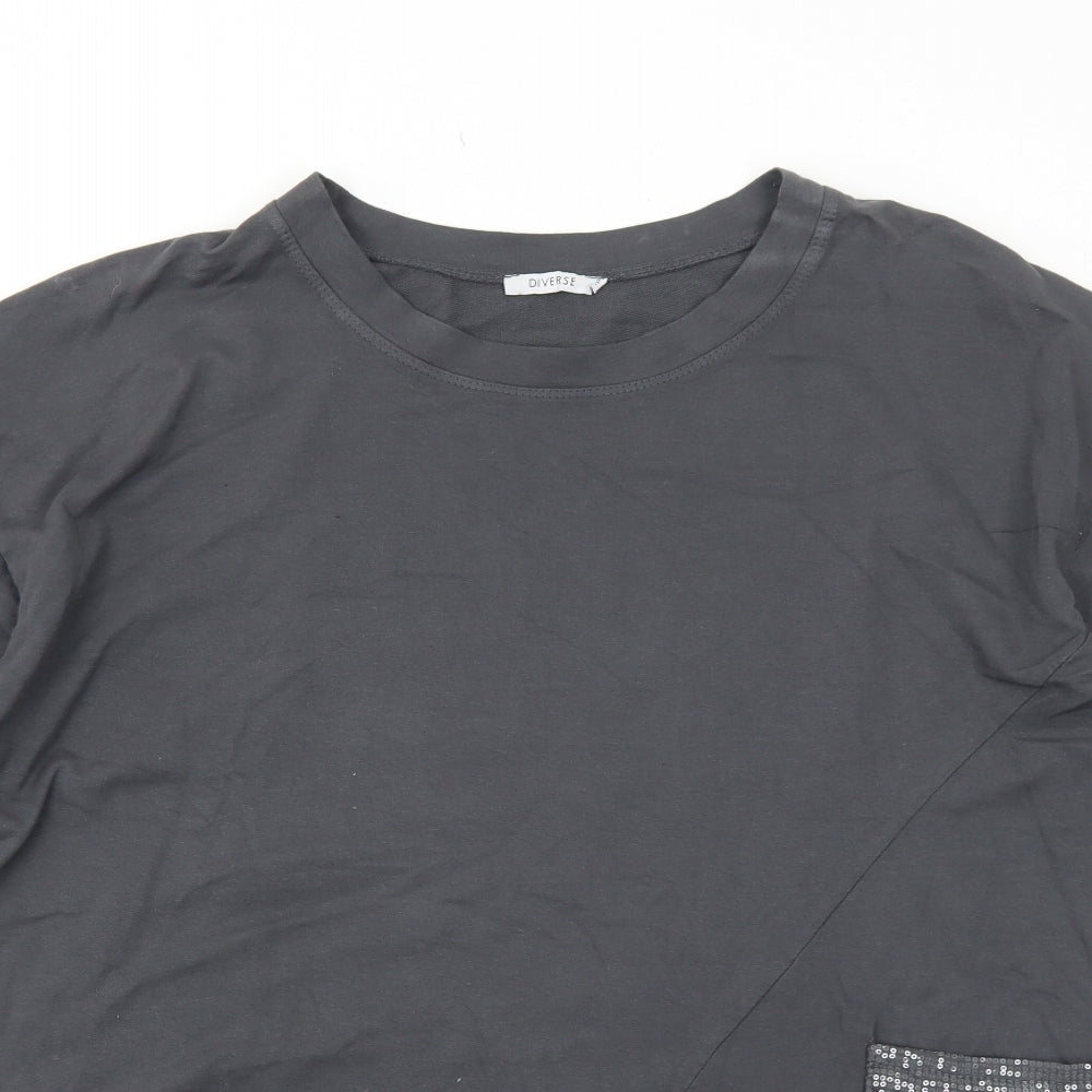 Diverse Womens Grey Cotton Basic T-Shirt Size L Round Neck - Sequin Trim