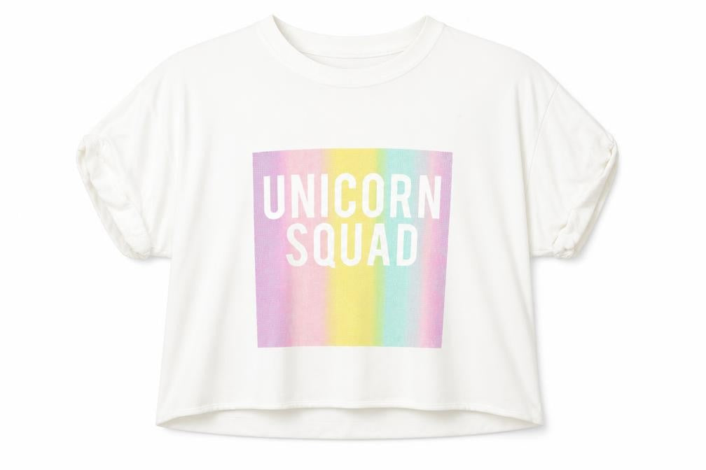 Front view of River Island girls’ white cotton basic t-shirt, size 11-12, years crew neck pullover - unicorn squad