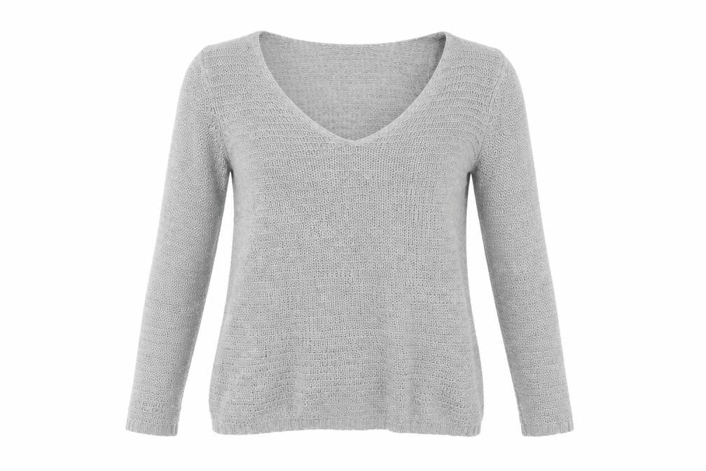 Front view of H&M women’s grey v-neck acrylic jumper, size S