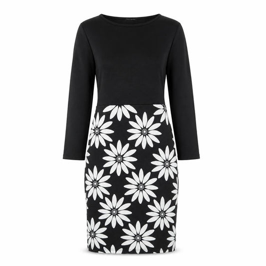 Front view of Indulgence women’s black floral wool a-line, size S, round neck pullover -, size S-m