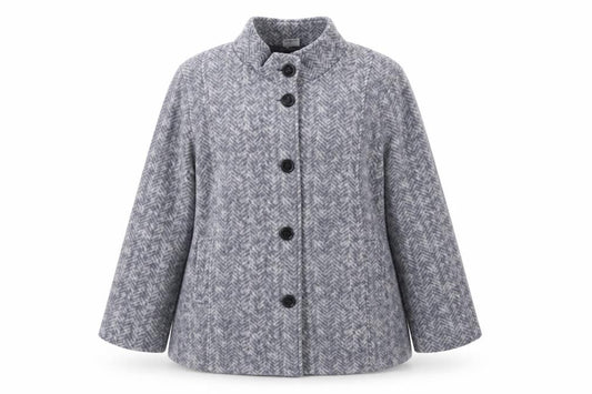 Front view of Anne De Lancay women’s grey geometric jacket, size L, button