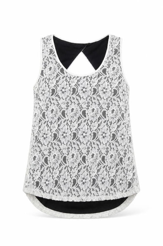 Front view of Oasis women’s white geometric polyamide basic tank, size S, round neck - open back