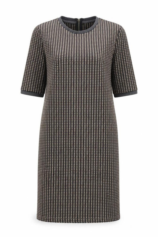 Front view of Zara women’s multicoloured geometric polyester a-line, size S, round neck zip