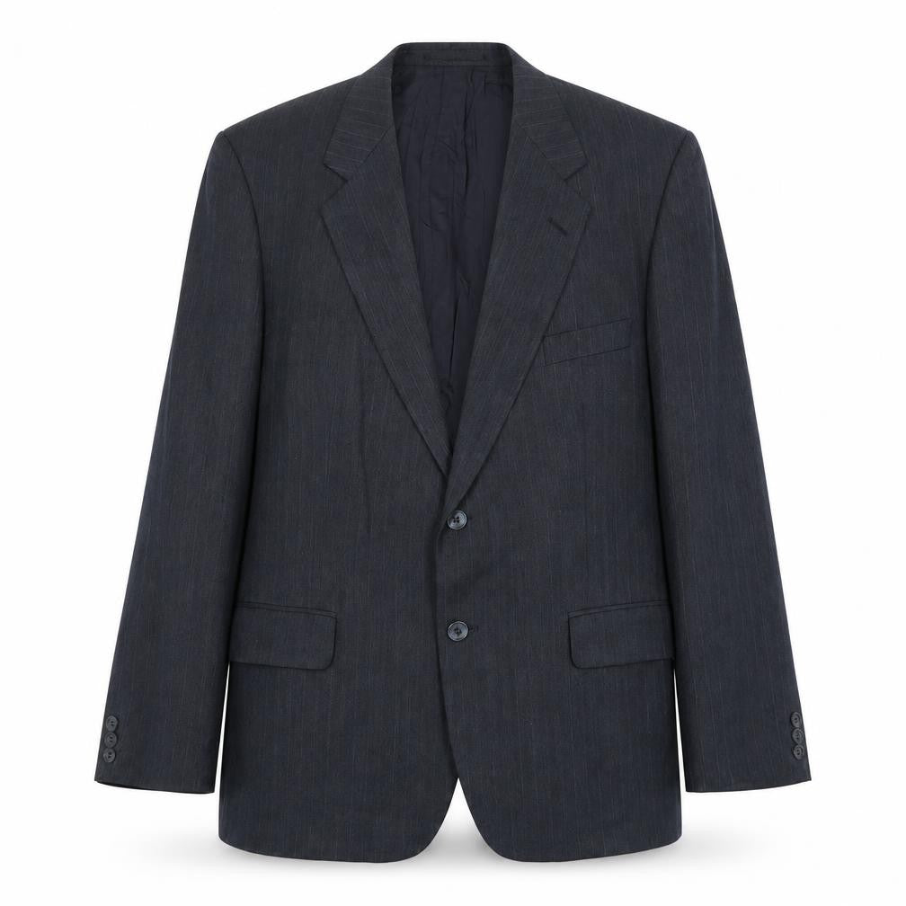 Front view of Marks & Spencer men’s blue striped polyester jacket suit jacket, size 44, regular
