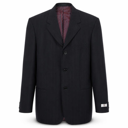 Front view of 1880 men’s black striped polyester jacket suit jacket, size 36, regular
