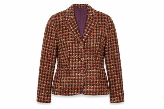 Front view of Neinhause women’s multicoloured check acrylic jacket blazer, size UK 12