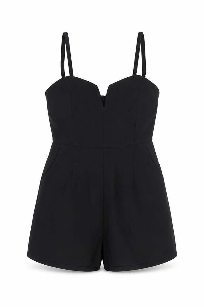 Front view of Vera & Lucy women’s black polyester playsuit one-piece, size M, zip