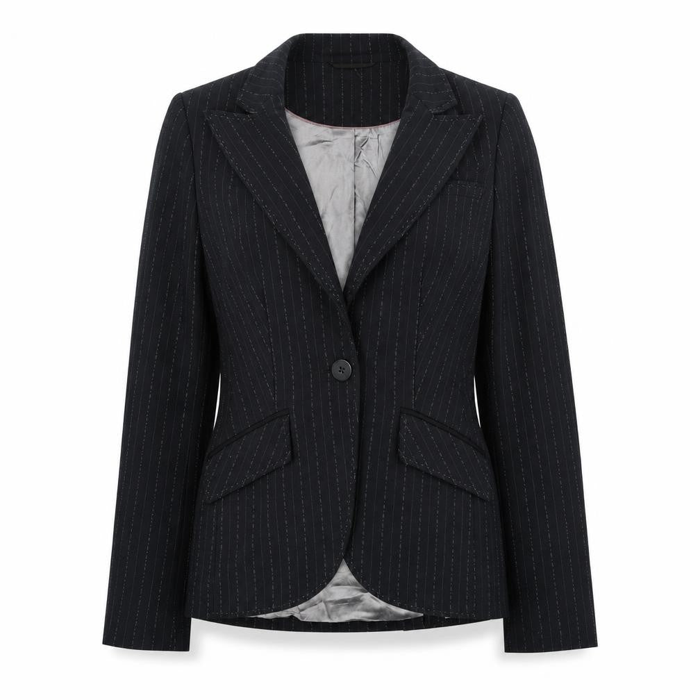 Front view of Next women’s black pinstripe polyester jacket suit jacket, size UK 10