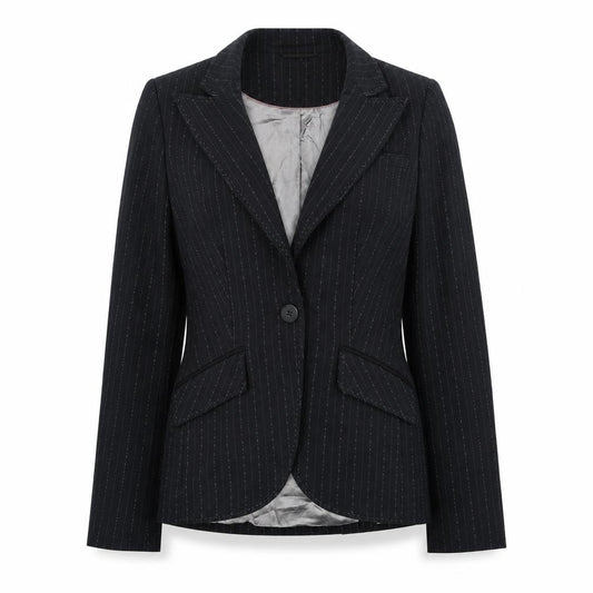 Front view of Next women’s black pinstripe polyester jacket suit jacket, size UK 10