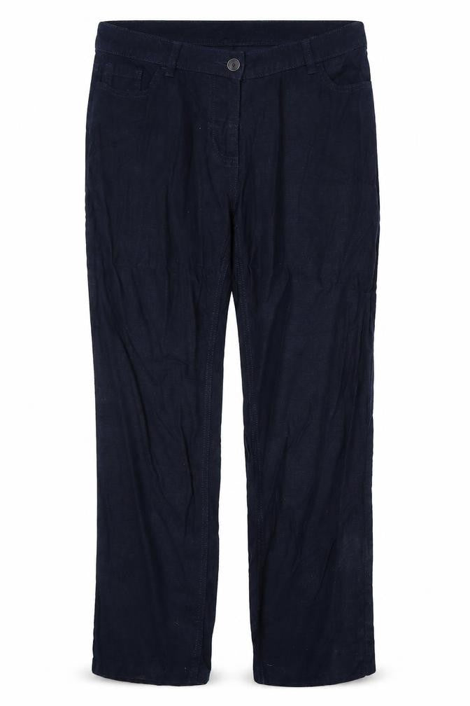 Front view of Next women’s blue polyester trousers, size UK 34, in regular zip