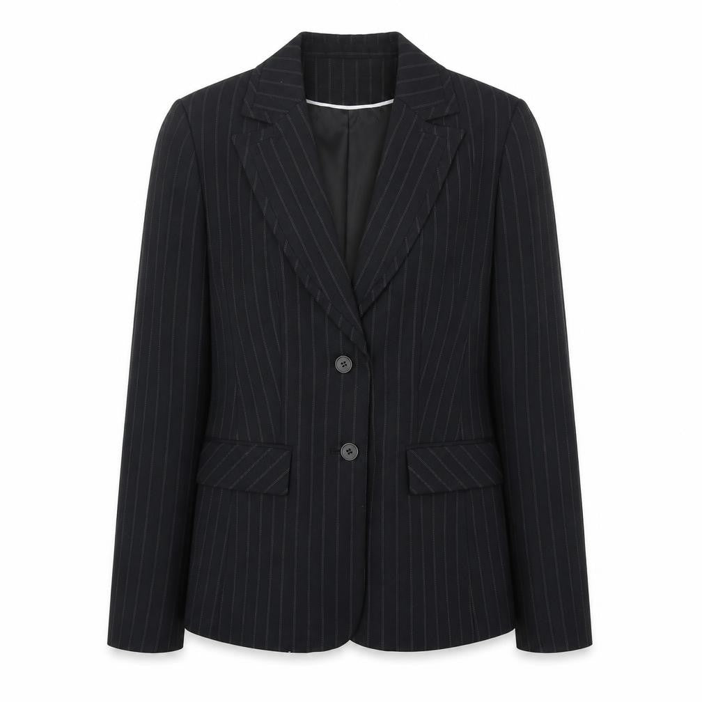 Front view of Debenhams women’s black striped polyester jacket suit jacket, size UK 10