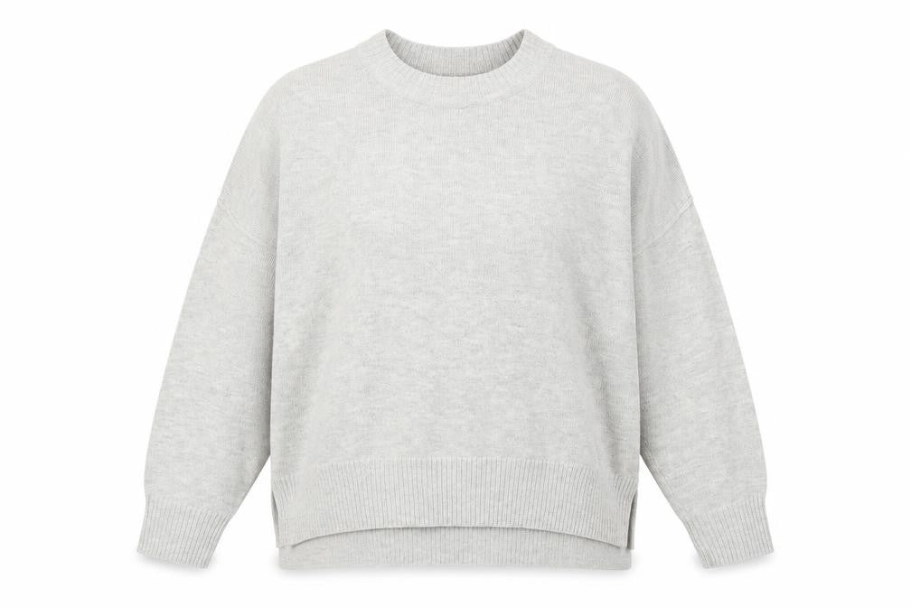 Front view of H&M women’s grey round neck acrylic jumper, size M