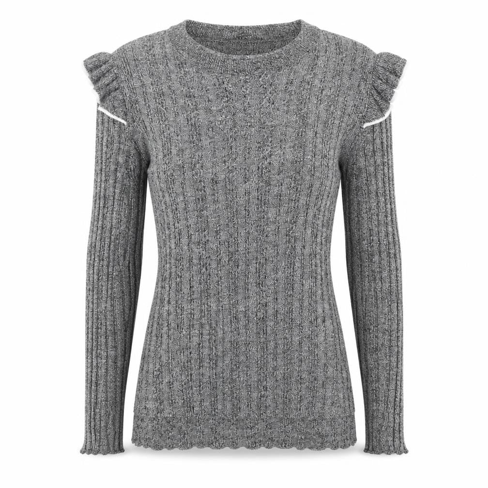 Front view of Marks & Spencer women’s grey round neck acrylic jumper, size UK 8, pullover
