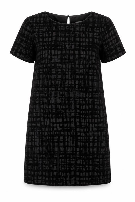 Front view of Great Plains women’s black geometric polyester a-line, size M, round neck zip
