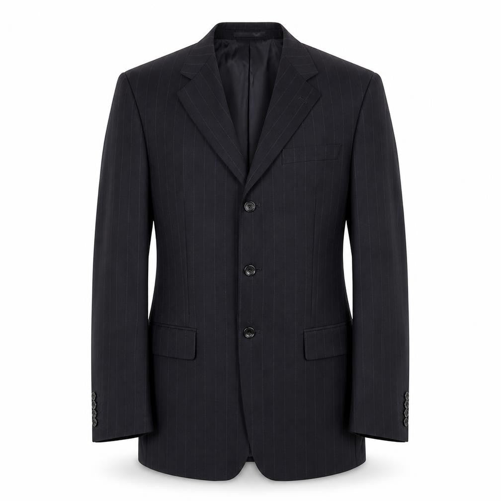 Front view of Daniel Grahame men’s black striped polyester jacket suit jacket, size 42, regular