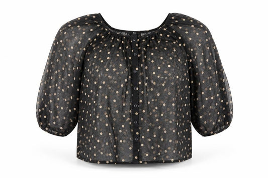 Front view of H&M women’s black polka dot polyester cropped blouse, size UK 6, round neck