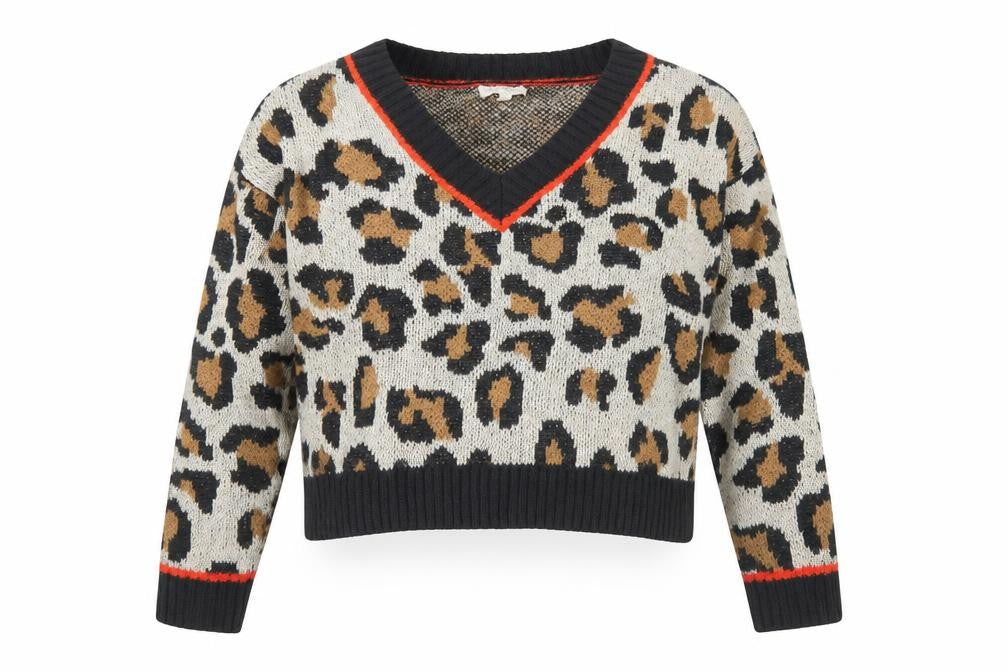 Full Circle Womens Beige V-Neck Animal Print Acrylic Pullover Jumper Size XL - Leopard Pattern