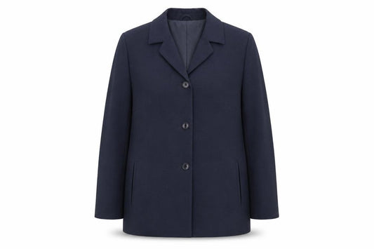Front view of Brandtex women’s blue jacket blazer, size UK 12, button