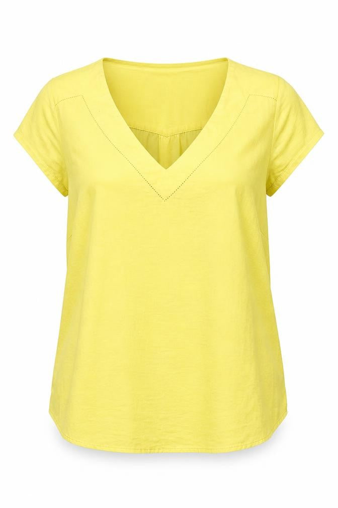 Front view of H&M women’s yellow polyester basic blouse, size UK 10, v-neck