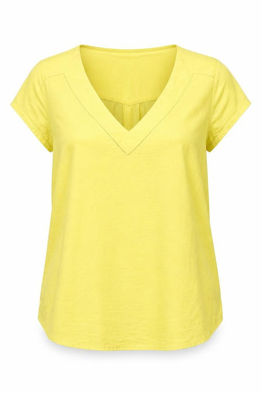 Front view of H&M women’s yellow polyester basic blouse, size UK 10, v-neck