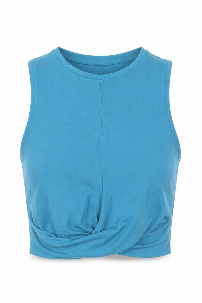 Front view of Myprotein women’s blue polyester cropped tank, size M, round neck