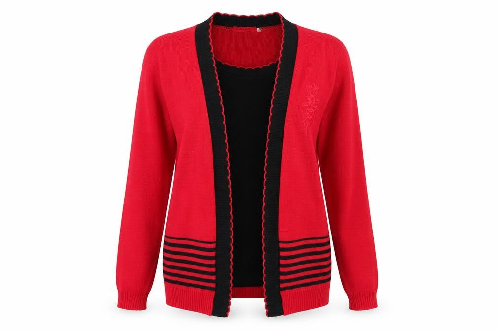 Elegant Womens Red Scoop Neck Striped Acrylic Cardigan Jumper Size M - Twin Set