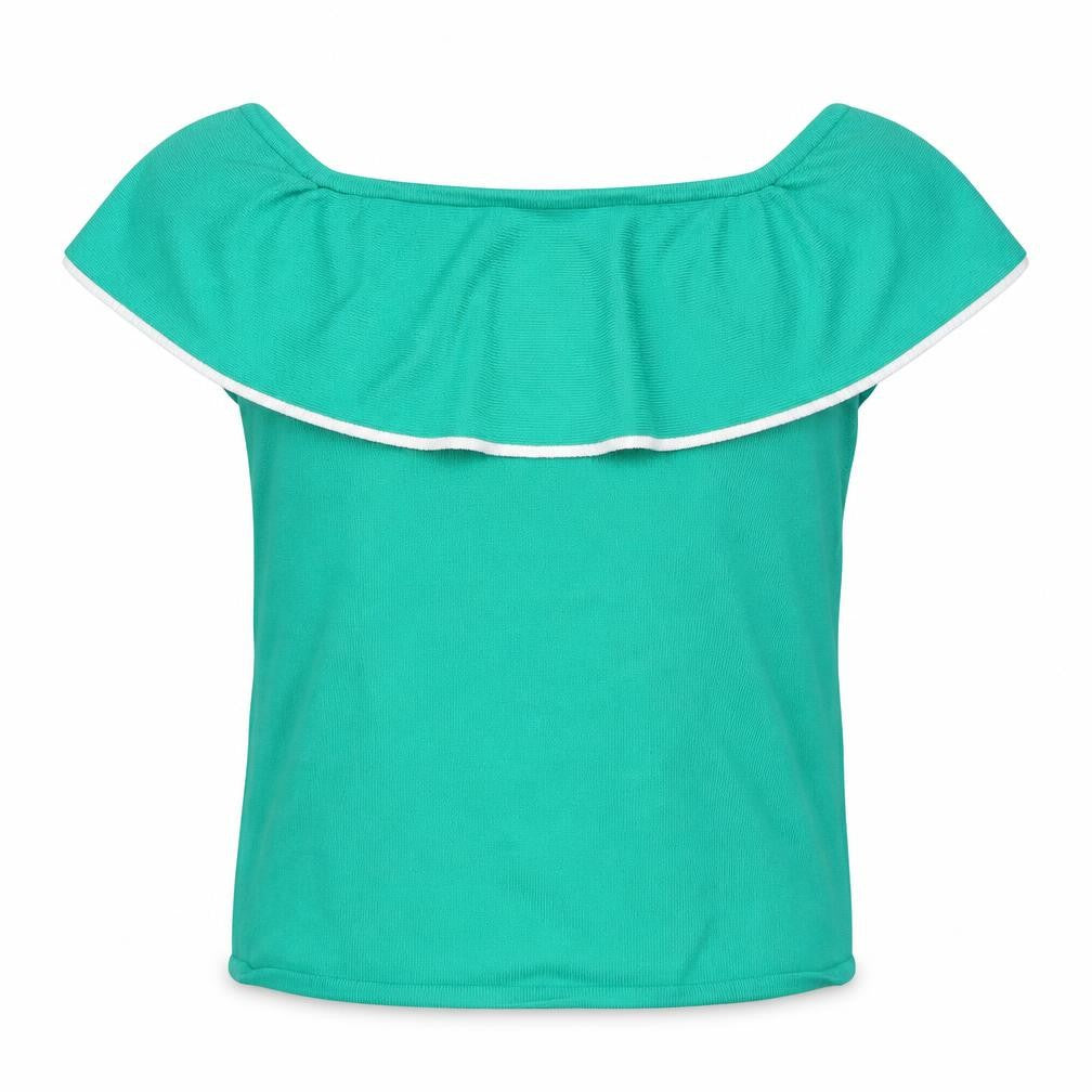 Front view of River Island girls’ green viscose basic blouse, size 11-12, years off the shoulder pullover - bardot