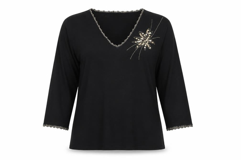 Front view of Claire Ashton women’s black viscose basic blouse, size UK 14, v-neck