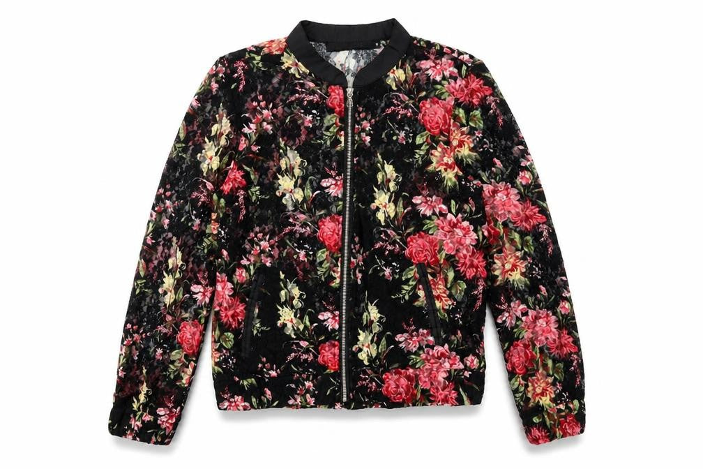 Rino&Pelle Womens Black Floral Bomber Jacket Jacket Size 2XS Zip