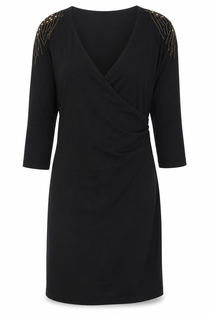Front view of Kaliko women’s black v-neck viscose jumper, size UK 14