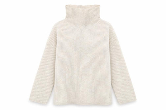 Front view of ASOS women’s beige roll neck polyester jumper, size UK 8