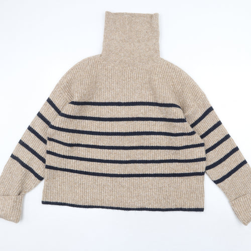 Marks and Spencer Womens Beige Roll Neck Striped Polyamide Pullover Jumper Size L