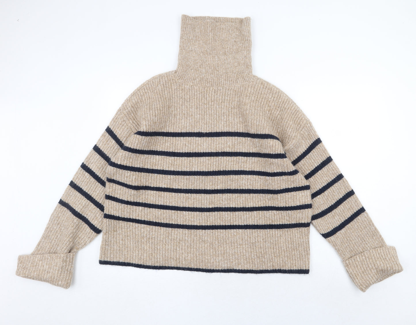 Marks and Spencer Womens Beige Roll Neck Striped Polyamide Pullover Jumper Size L