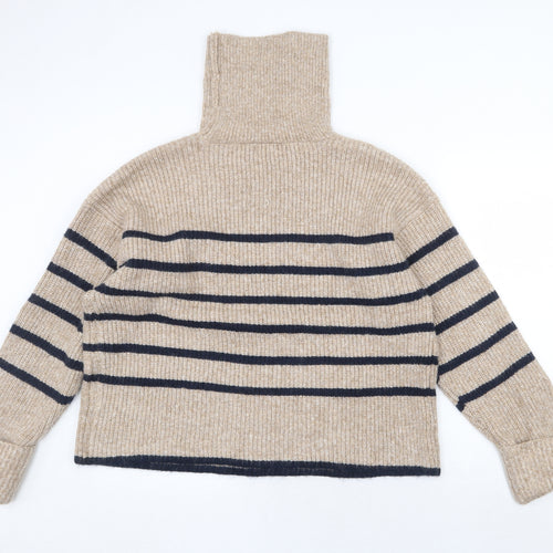 Marks and Spencer Womens Beige Roll Neck Striped Polyamide Pullover Jumper Size L